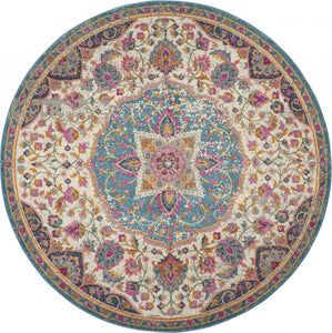 4’ Round Pink and Blue Floral Medallion Area Rug