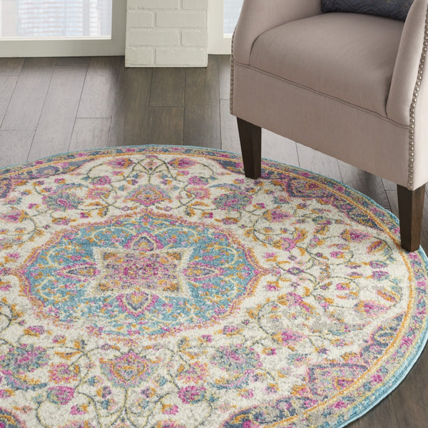 4’ Round Pink and Blue Floral Medallion Area Rug