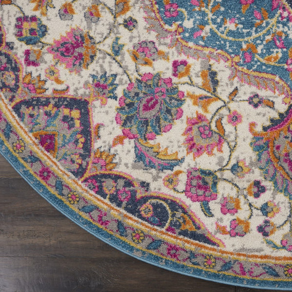 4’ Round Pink and Blue Floral Medallion Area Rug