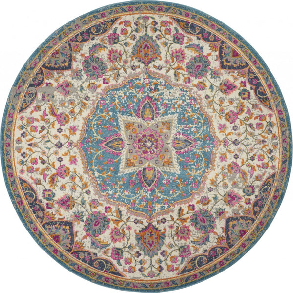 4’ Round Pink and Blue Floral Medallion Area Rug