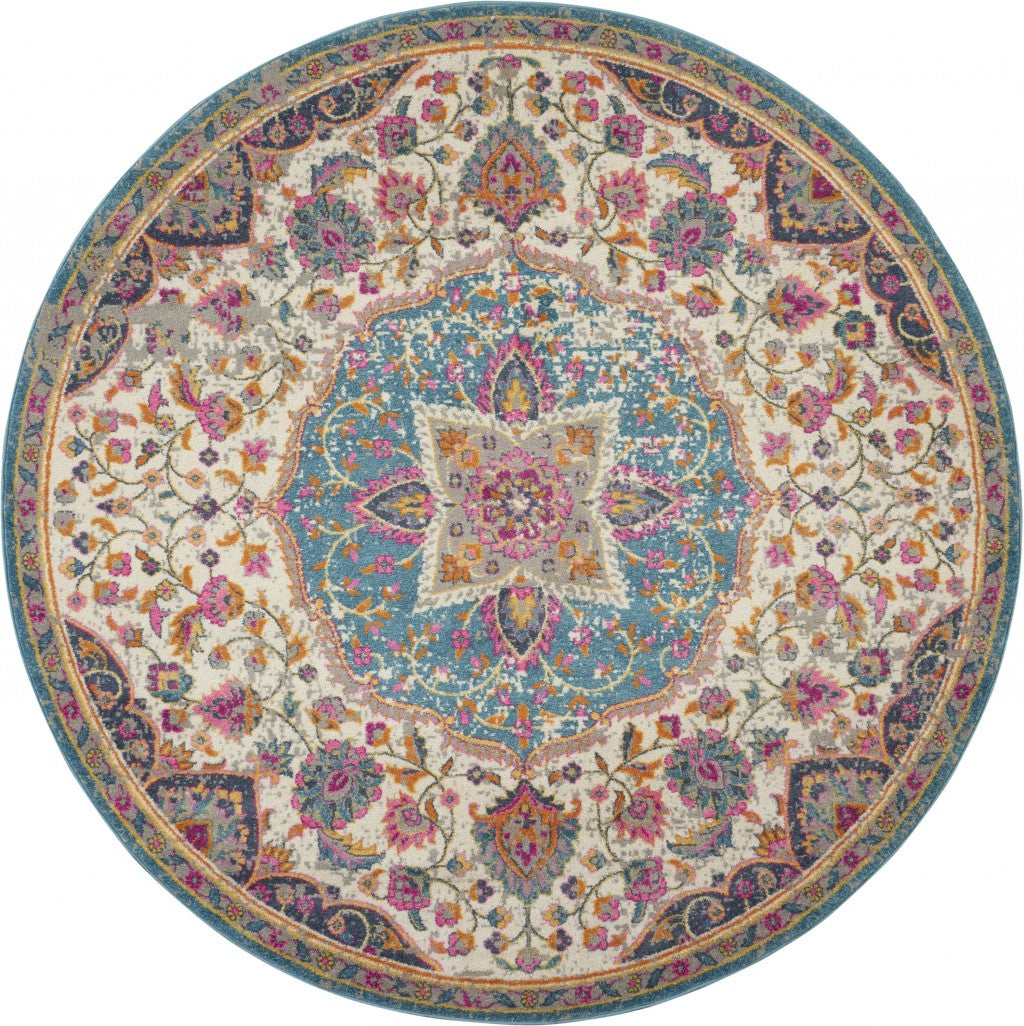 5’ Round Pink and Blue Floral Medallion Area Rug