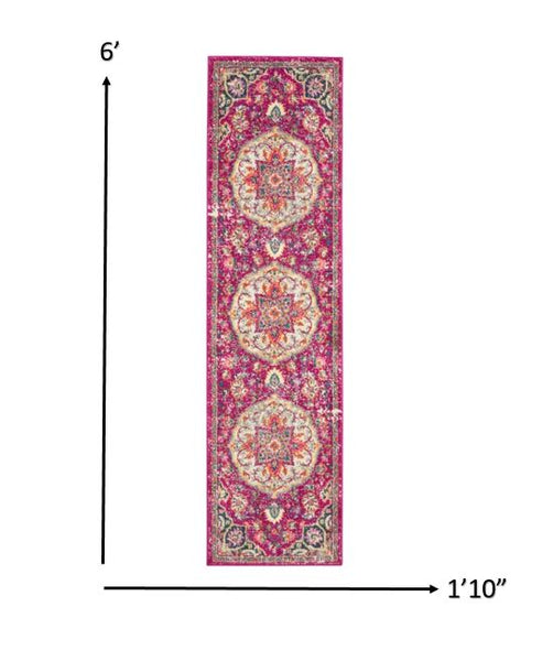 2’ x 6’ Pink and Ivory Medallion Runner Rug