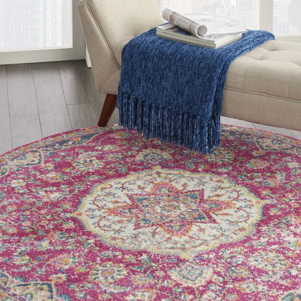 5’ Round Pink and Ivory Medallion Area Rug