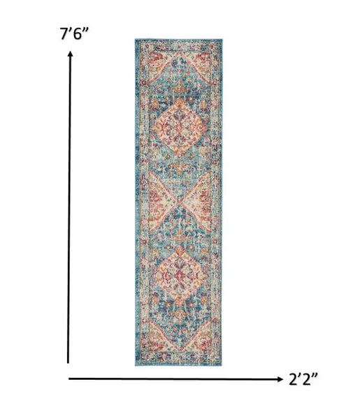 2’ x 8’ Ivory and Light Blue Distressed Runner Rug