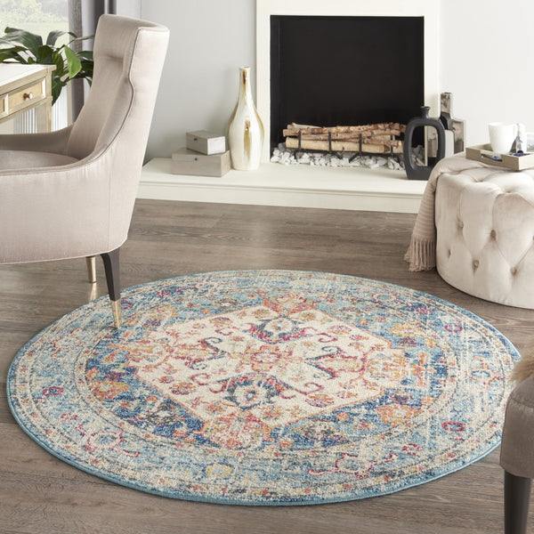 4’ Round Ivory and Light Blue Distressed Area Rug