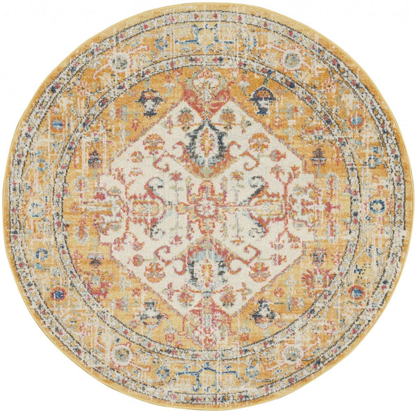 4’ Round Ivory and Yellow Center Medallion Area Rug