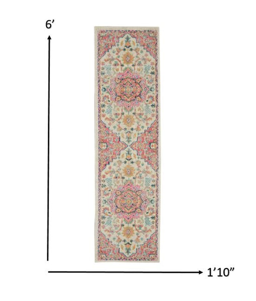 2’ x 6’ Ivory and Pink Medallion Runner Rug