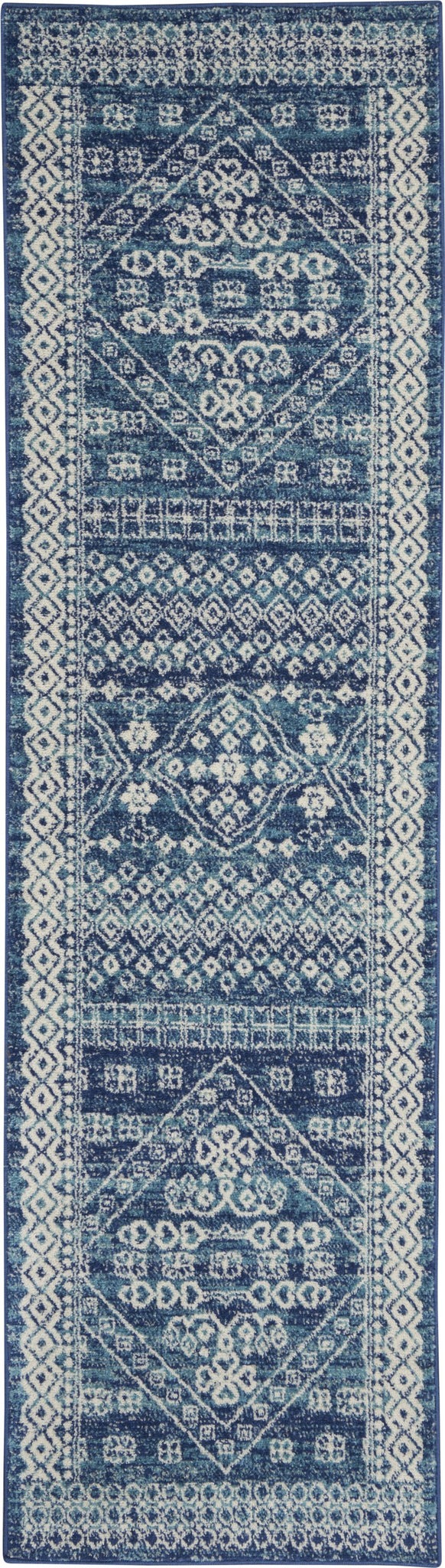 2’ x 8’ Navy Blue and Ivory Persian Motifs Runner Rug