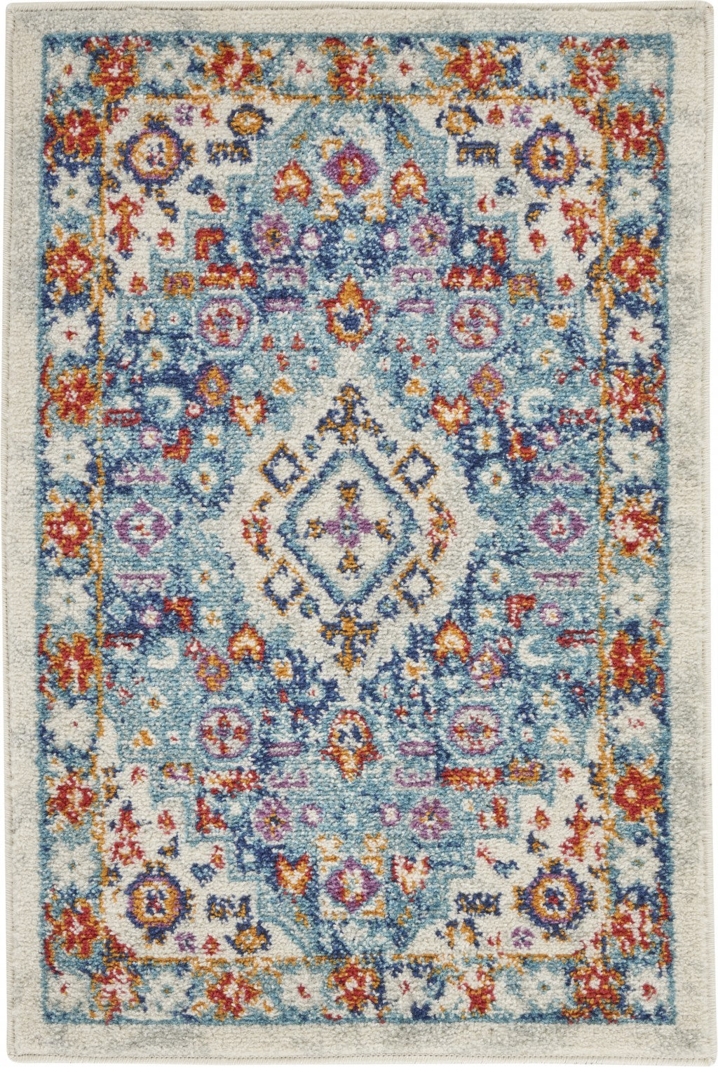 2’ x 3’ Ivory and Blue Floral Motifs Scatter Rug