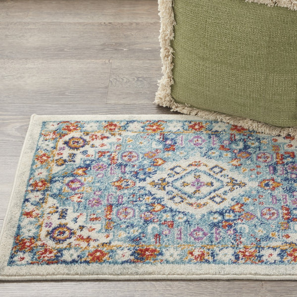 2’ x 3’ Ivory and Blue Floral Motifs Scatter Rug