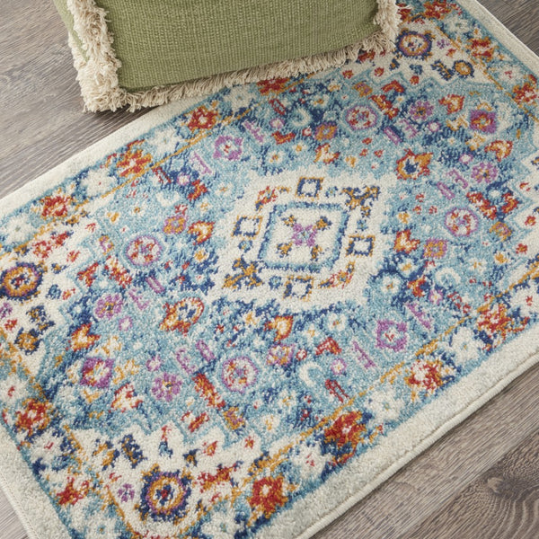 2’ x 3’ Ivory and Blue Floral Motifs Scatter Rug