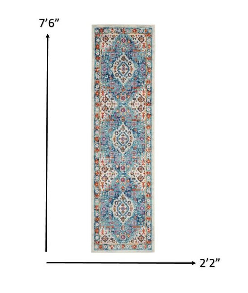 2’ x 8’ Ivory and Blue Floral Motifs Runner Rug