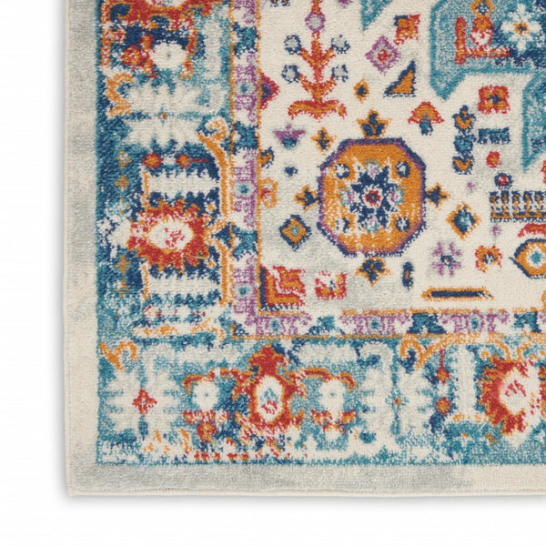 2’ x 8’ Ivory and Blue Floral Motifs Runner Rug