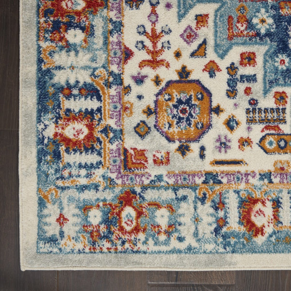 5’ x 7’ Ivory and Blue Floral Motifs Area Rug