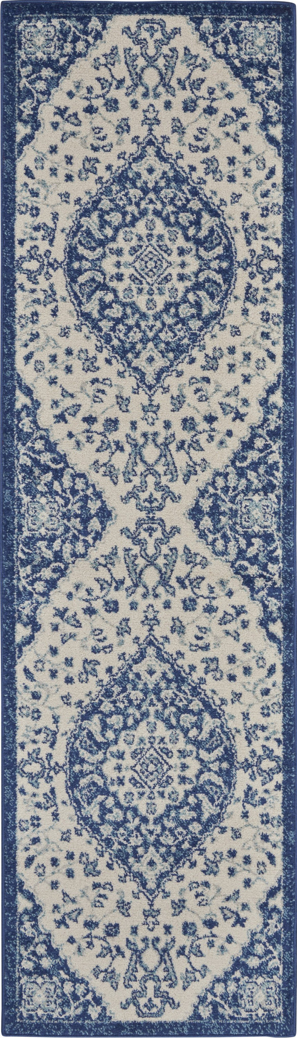 2’ x 8’ Ivory and Blue Medallion Runner Rug