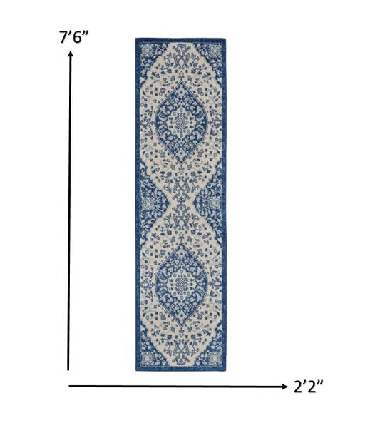 2’ x 8’ Ivory and Blue Medallion Runner Rug