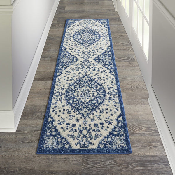 2’ x 8’ Ivory and Blue Medallion Runner Rug