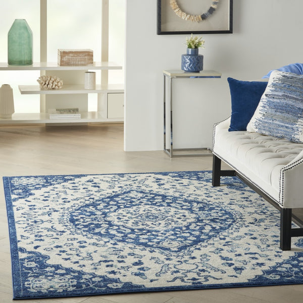 5’ x 7’ Ivory and Blue Medallion Area Rug