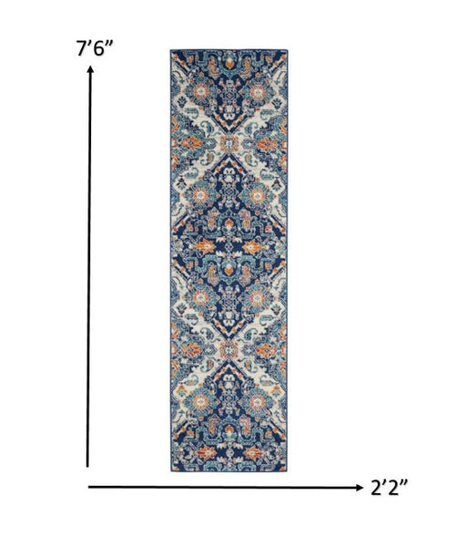 2’ x 8’ Blue and Ivory Persian Patterns Runner Rug