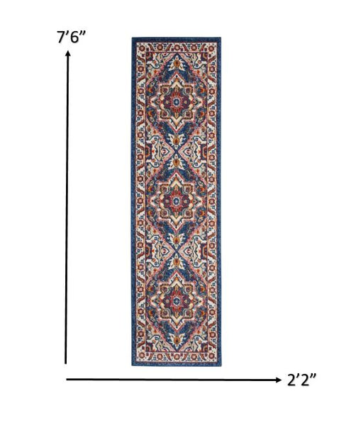 2’ x 8’ Blue and Ruby Medallion Runner Rug