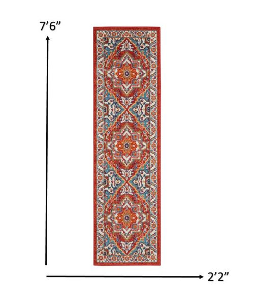 2’ x 8’ Red and Ivory Medallion Runner Rug