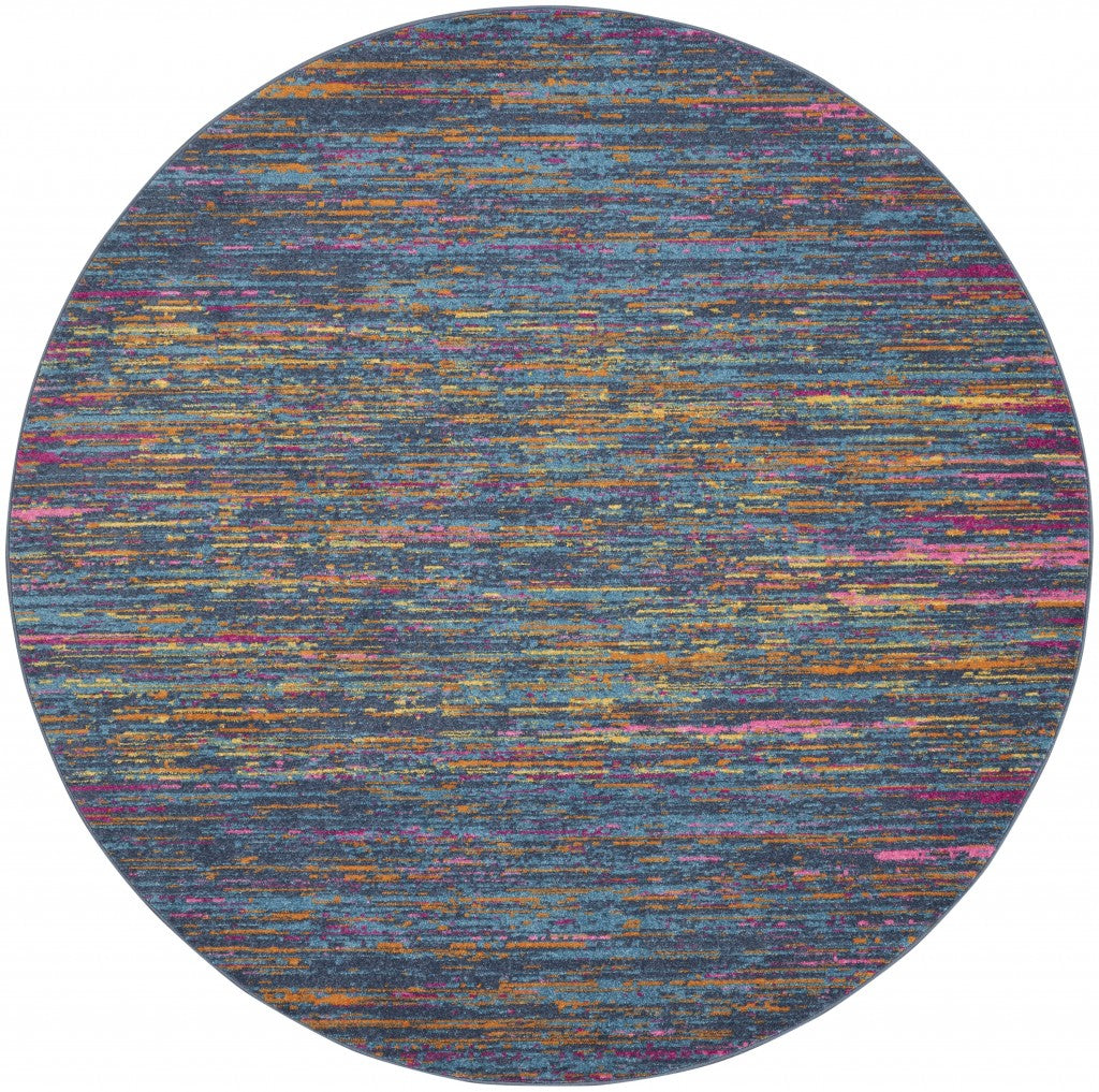 4’ Round Blue Distressed Striations Area Rug