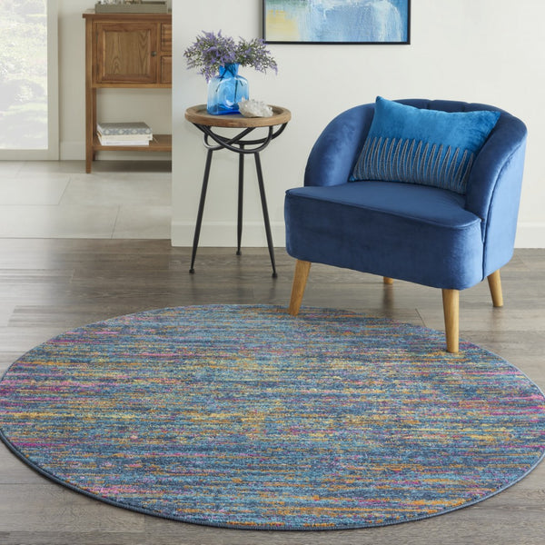 4’ Round Blue Distressed Striations Area Rug