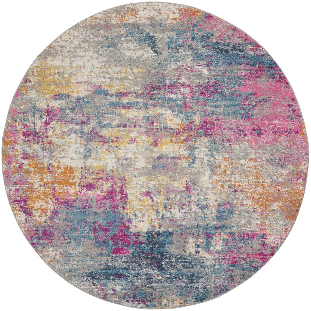 4’ Round Ivory and Multi Abstract Area Rug