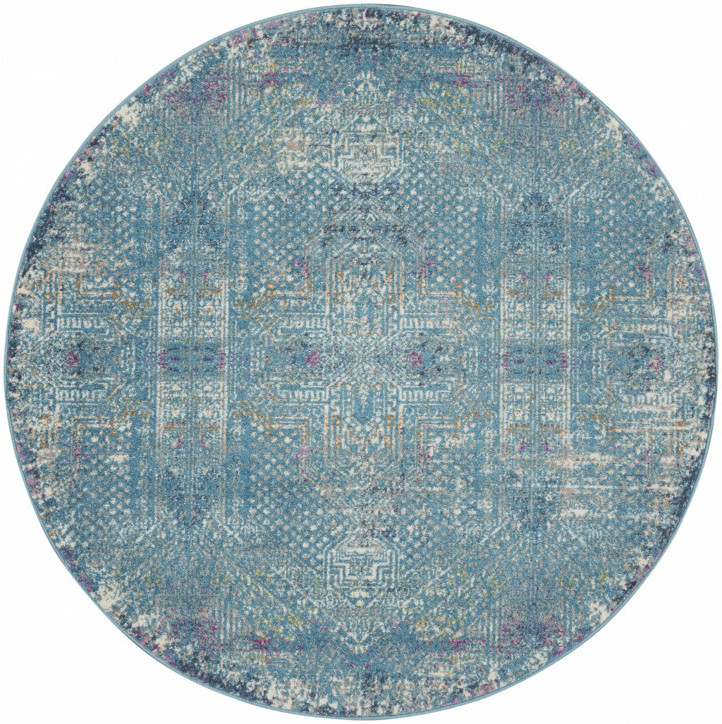 4’ Round Blue Distressed Medallion Area Rug