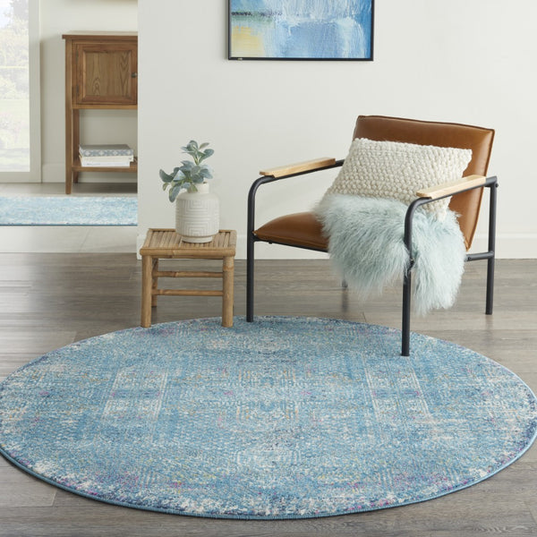 5’ Round Blue Distressed Medallion Area Rug