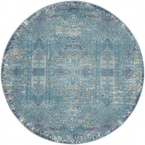 5’ Round Blue Distressed Medallion Area Rug