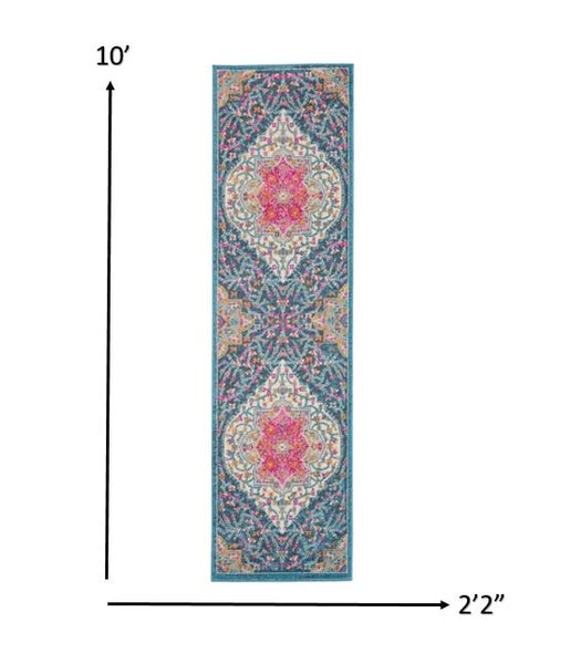 2’ x 10’ Blue and Pink Medallion Runner Rug