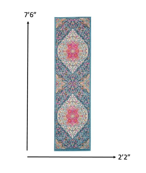 2’ x 8’ Blue and Pink Medallion Runner Rug