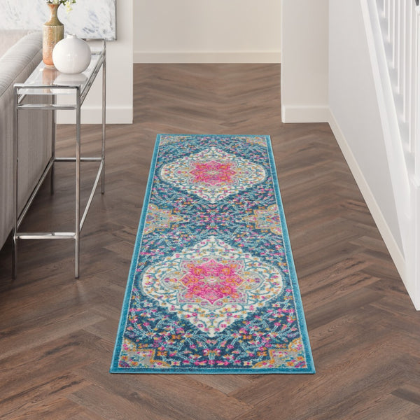 2’ x 8’ Blue and Pink Medallion Runner Rug