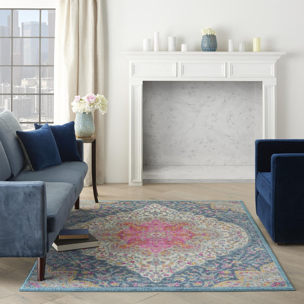 4’ x 6’ Blue and Pink Medallion Area Rug