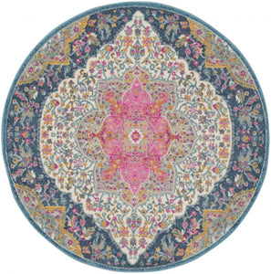 4’ Round Blue and Pink Medallion Area Rug