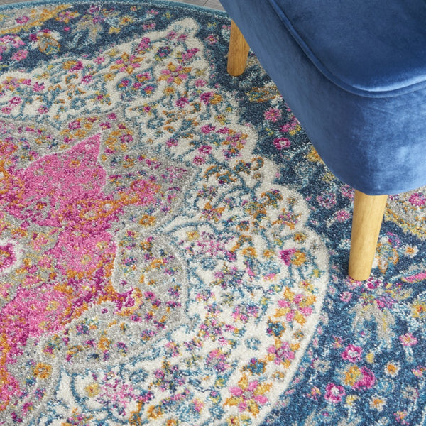 4’ Round Blue and Pink Medallion Area Rug