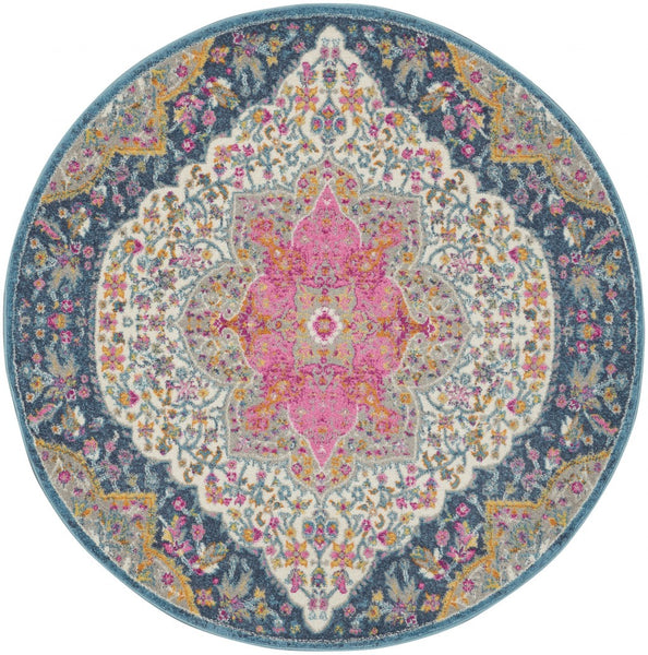 4’ Round Blue and Pink Medallion Area Rug