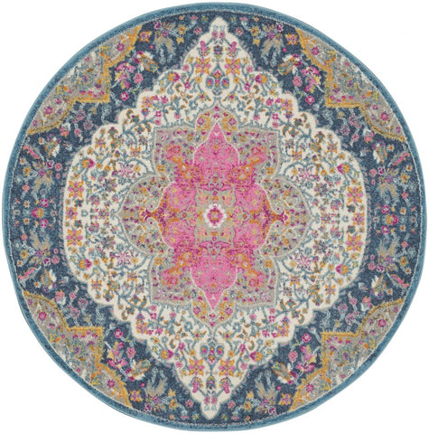 4’ Round Blue and Pink Medallion Area Rug