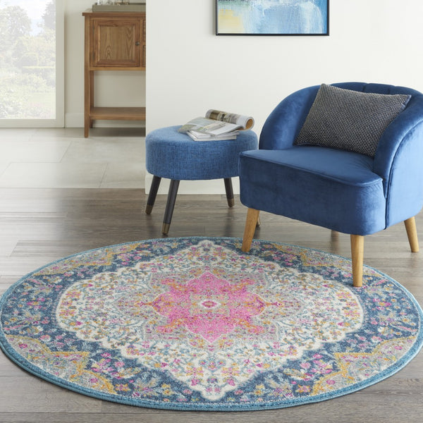 5’ Round Blue and Pink Medallion Area Rug