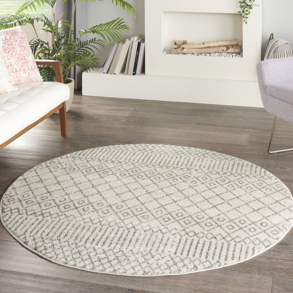 5’ Round Ivory and Gray Geometric Area Rug