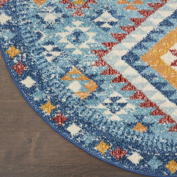 5’ Round Blue and Multi Diamonds Area Rug