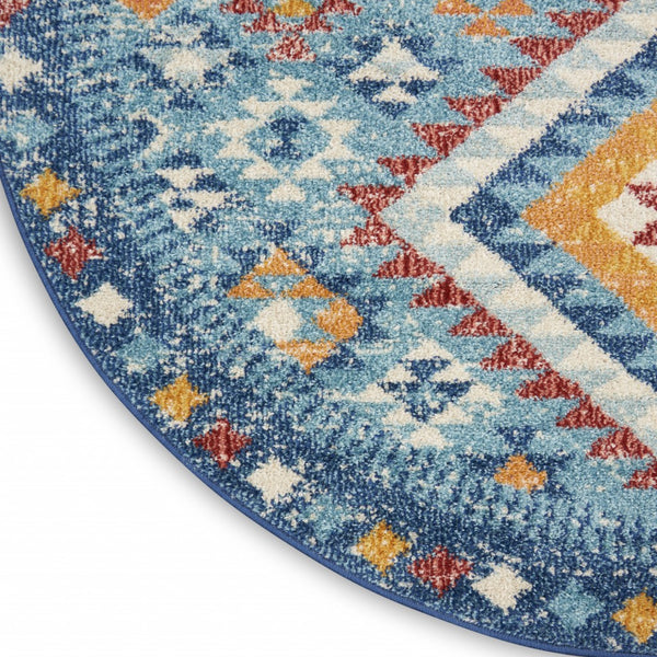 5’ Round Blue and Multi Diamonds Area Rug