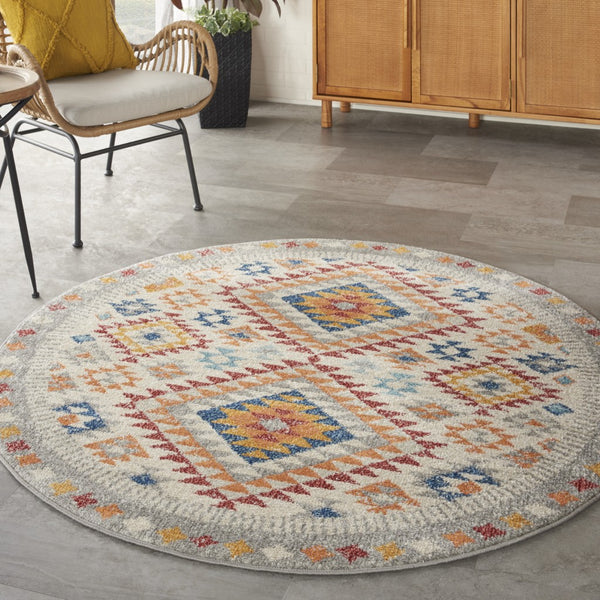 5’ Round Ivory and Red Diamonds Area Rug