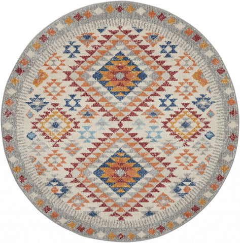 5’ Round Ivory and Red Diamonds Area Rug