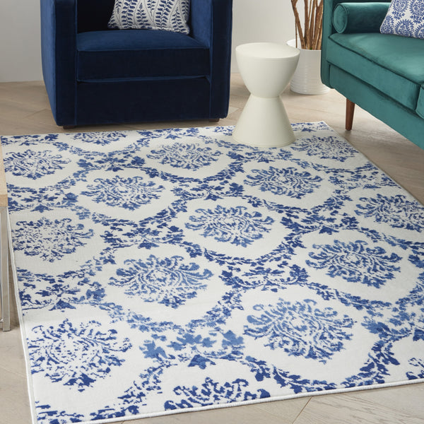 4’ x 6’ Ivory and Navy Damask Area Rug