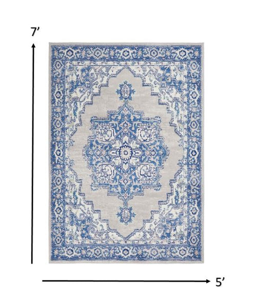 5’ x 7’ Gray and Blue Persian Medallion Area Rug