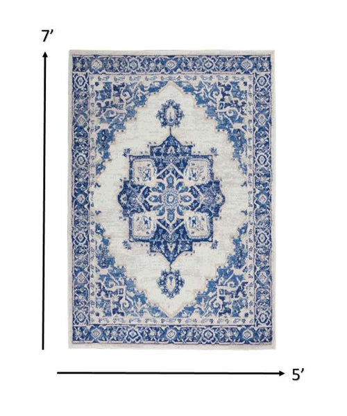 5’ x 7’ Ivory and Blue Persian Medallion Area Rug