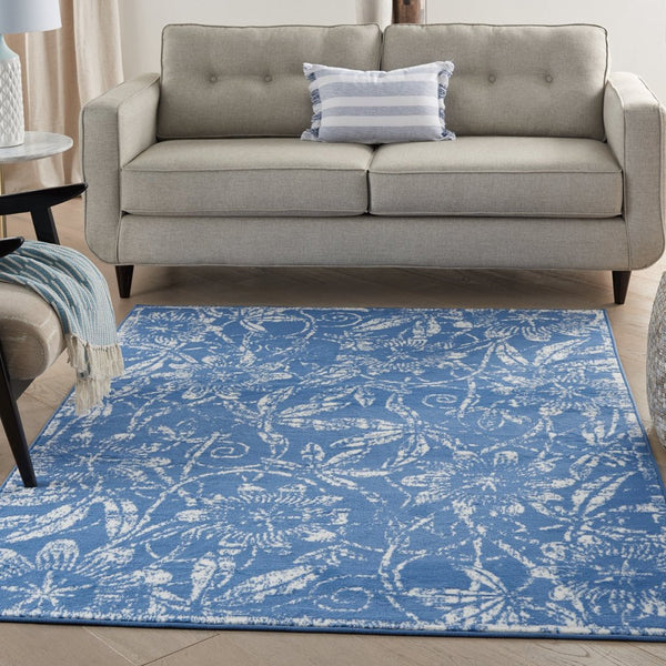 4’ x 6’ Blue and Ivory Floral Vines Area Rug