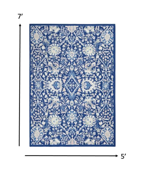 5’ x 7’ Navy and Ivory Intricate Floral Area Rug